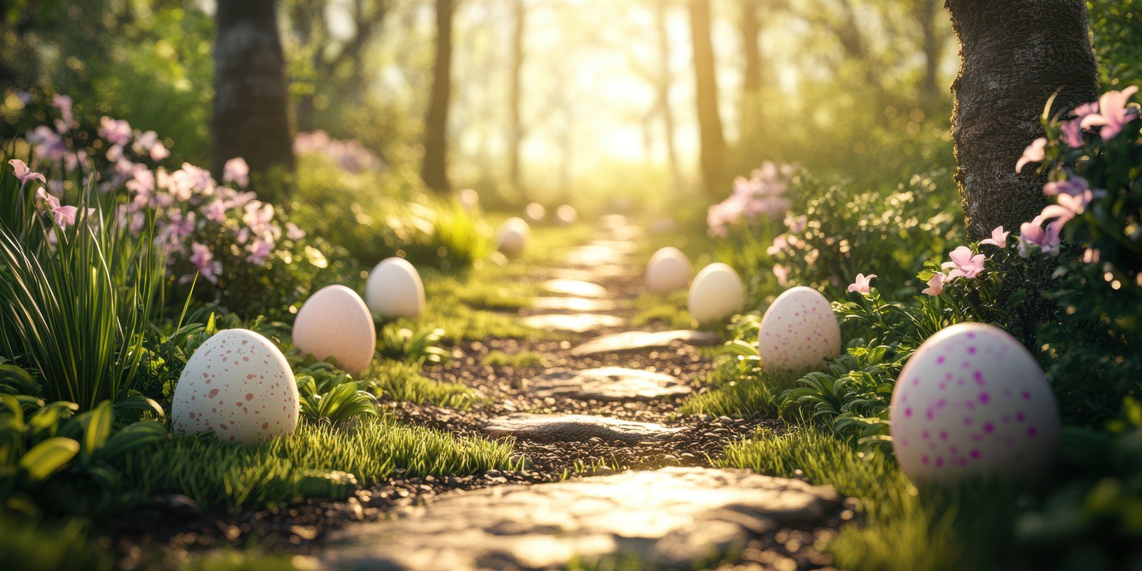 Colorful decorative eggs line a stone pathway in a sunlit forest filled with flowers during springtime